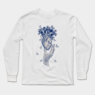 Blue hand heart and sunflowers, butterflies, daisies, anatomy illustration, drawing human heart with sweet flowers Long Sleeve T-Shirt